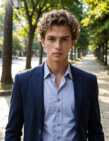 A young man wearing a blue suit coat in the park