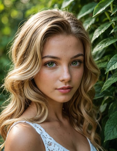 A blond woman standing next to a shrub