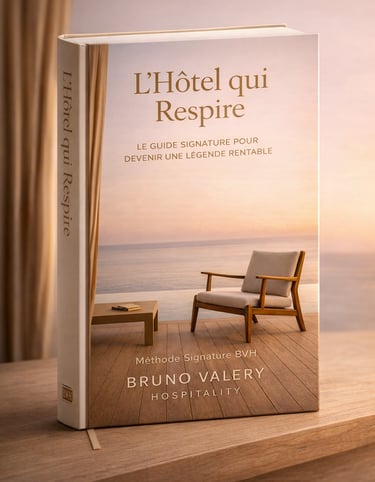 Mockup du livre “L’Hôtel qui Respire”, guide hôtellerie Antilles françaises (méthode BVH Signature 5★)