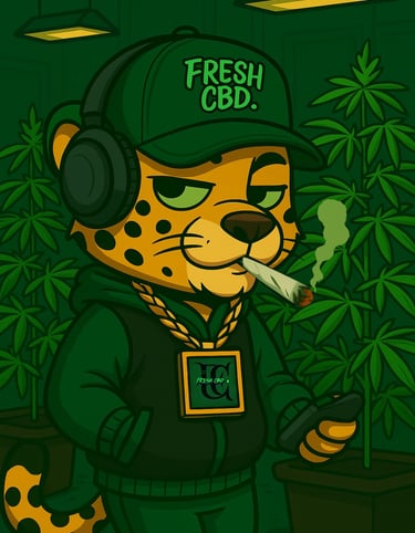  Ilustración de mascota Fresh CBD con planta de cannabis y cigarro