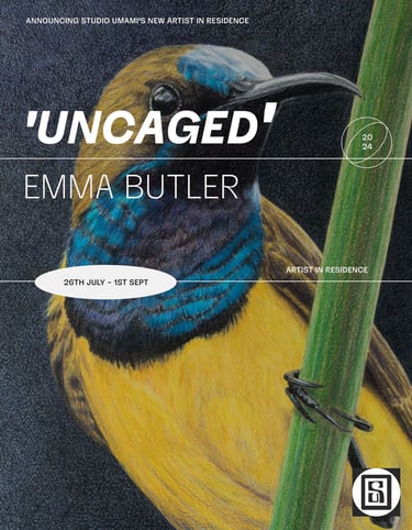 An ad for the 'Uncaged' residency. A drawing of a bird perched on a branch of a plant is in the back