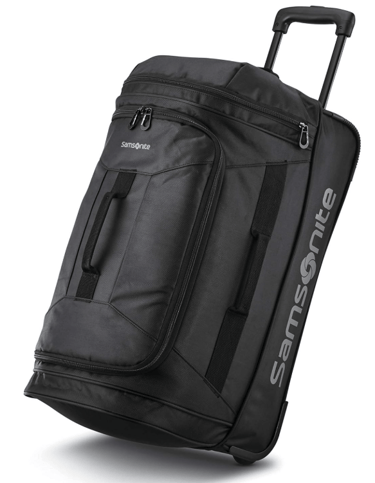 a black suitcase with a rolling bag on wheels