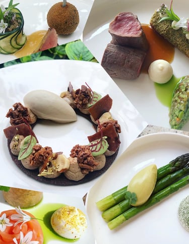 pele mele de plats et desserts type cuisine gastronomique