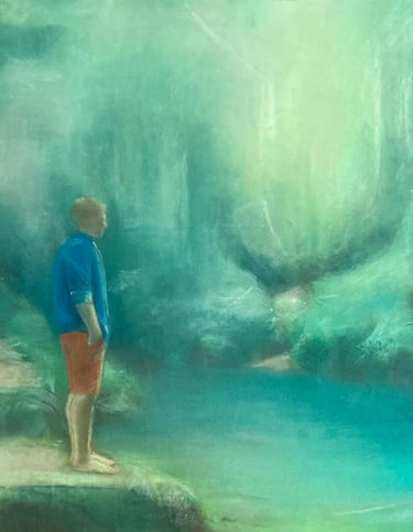 Drawing of a man standing by a turquoise forest stream. dry pastel on paper. 50x65.