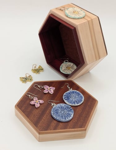 wooden jewelry boxes, ceramic earrings, hand made boxes, handmade jewelry, rare wood