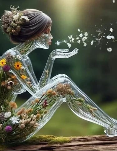 statue en verre de femme soufflant sur pétales de fleurs