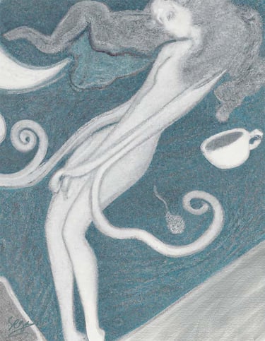 a drawing of a woman floating with a cup of coffee