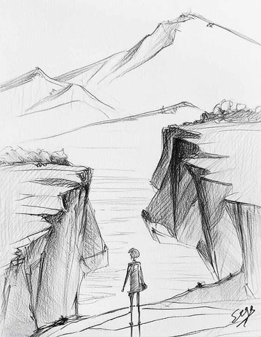 a person standing on a cliff with a mountain in the background