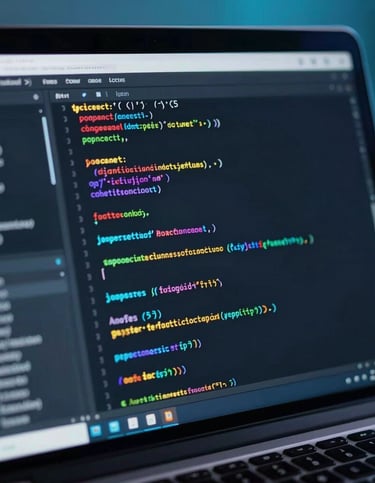 Close-up of hands coding software on a sleek laptop with navy blue accents.