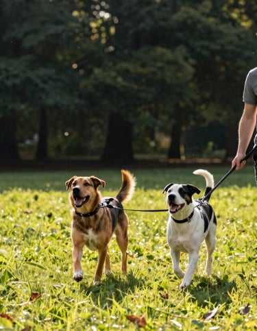 An action shot in a sun-drenched park with vibrant green grass and dark forest green trees in the background. Two happy dogs are walking energetically on leashes, looking up at their professional walker. The scene exudes health, vitality, and professional animal care.