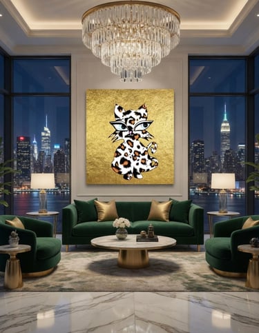 Luxury custom cat portrait by Eve Hennessa displayed as Hawa Cat wall art in an elegant interior