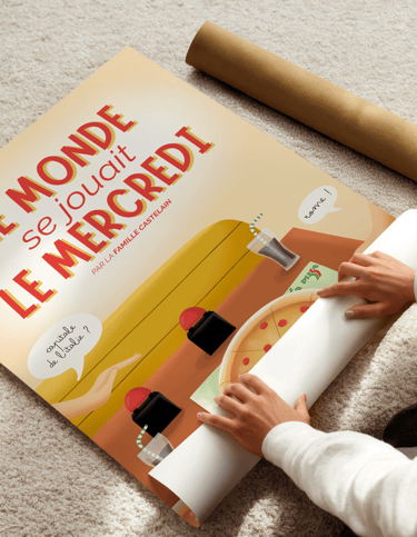 Illustration affiche personnalisée, souvenir famille à la pizzeria