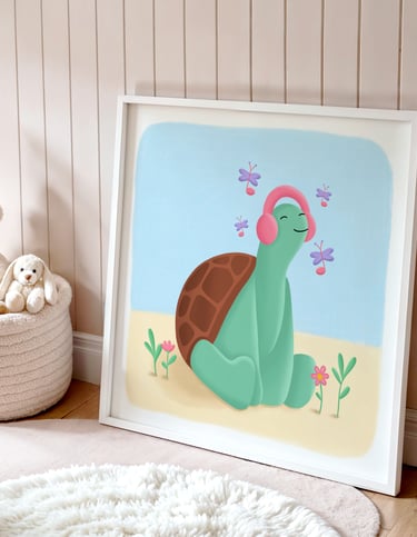 Affiche décoration chambre enfant, tortue qui écoute de la musique
