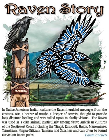Cachet illustration of the Raven Story, native American mythology