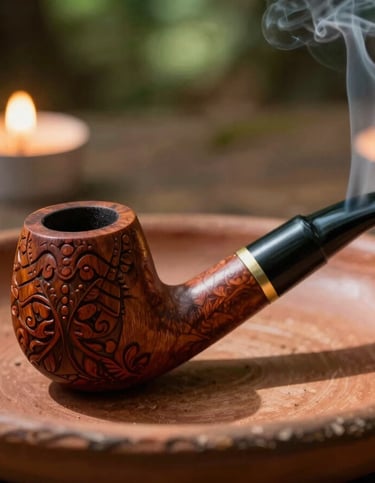 Close-up of a carved wooden smoking pipe (cachimbo) with a thin trail of smoke, resting on a rustic clay plate, warm candle light, 35mm