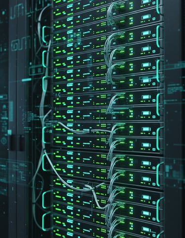 Intricate server rack glowing with green and cyan activity indicators.