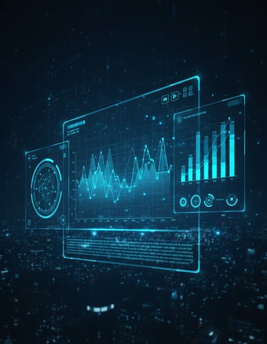 Abstract digital UI interface with various glowing blue charts and data visuals.