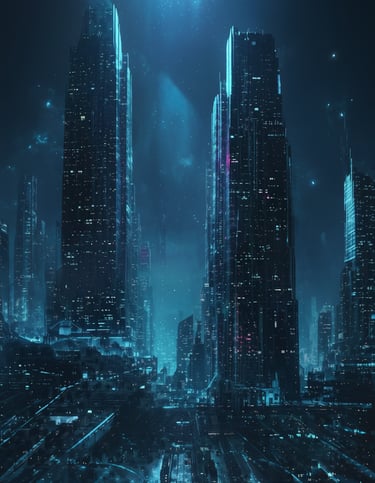 Futuristic vertical skyscraper structures with cyan accents.