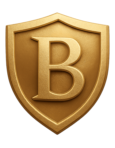 Gold 'B' shield logo icon used as a decorative element in the developer section.