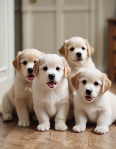 A peaceful, sunlit room with soft bedding and happy pets playing gently in a small group.