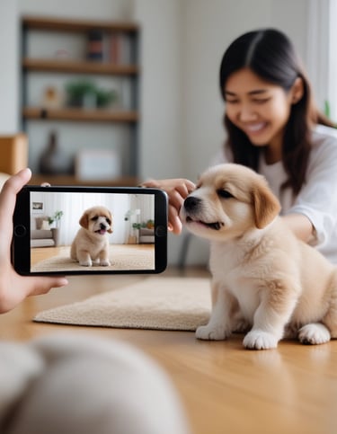 A peaceful, sunlit room with soft bedding and happy pets playing gently in a small group.