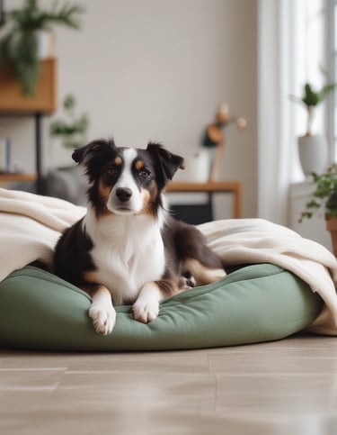 A peaceful, sunlit room with soft bedding and happy pets playing gently in a small group.