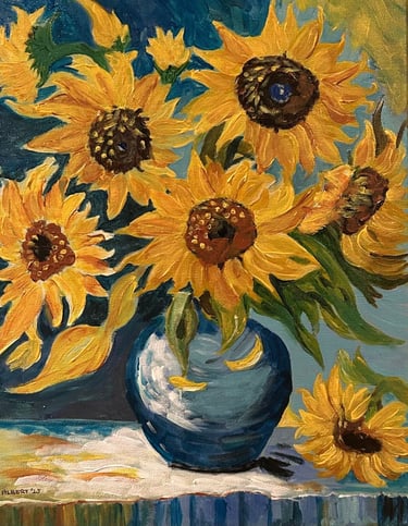 Original painting depicting a bouquet of sunflowers arranged in a vase.