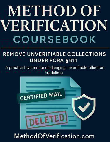 “Method of Verification coursebook cover showing certified mail and a deleted stamp under FCRA §611,