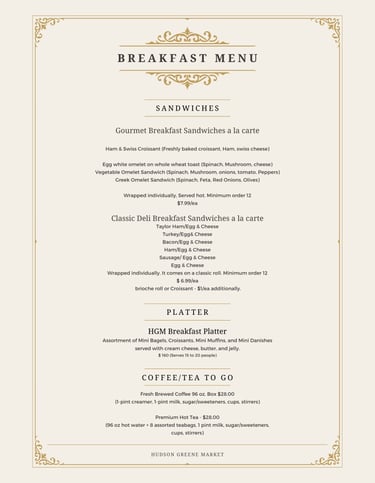 hudson greene market catering breakfast menu gourmet sandwiches omelet egg cheese bagel coffee tea