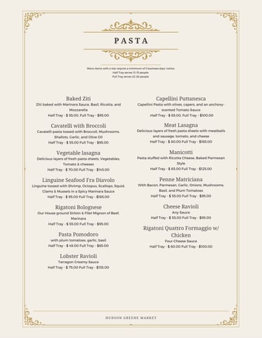 hudson greene market catering pasta ziti lasagna bolognese ravioli italian