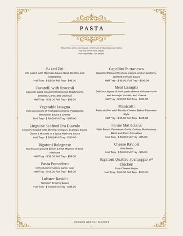 hudson greene market catering pasta ziti lasagna bolognese ravioli italian