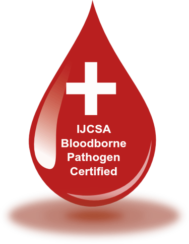a blood droplet a certification of Bloodborne Pathogen Certified.