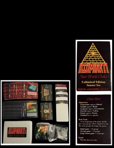 Caixa,cartas. dados e acessorios do jogo de cartas illuminati INWO de 1995 que previu atentado 11/09