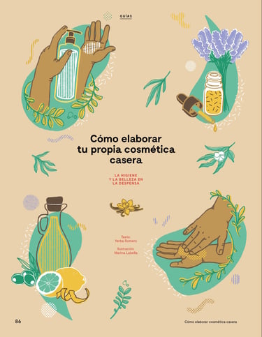 a magazine page with a picture of hands holding cosmetics and olive oil, lemon, lavender, leaves