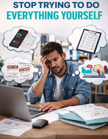 Small business owner overwhelmed with tasks and the message stop trying to do everything yourself