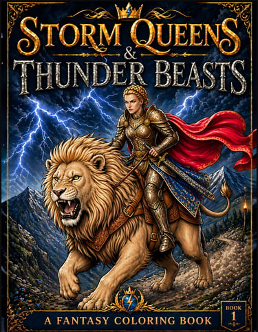Fantasy coloring book cover featuring a golden armored queen riding a giant lion through a thunderstorm.