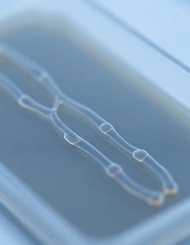 Macro close-up of a high-resolution genomic flow cell, cool sterile laboratory light with blue undertones, sharp technical details.