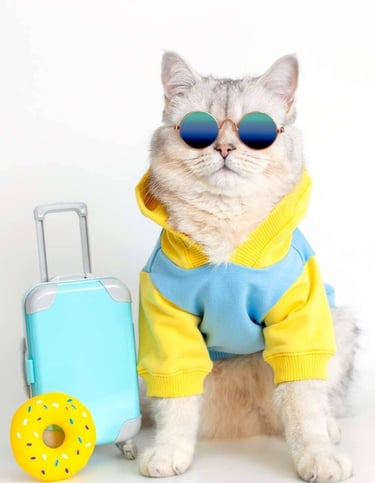 gato gris con lentes y ropa capucha amarilla, junto a una maleta y una dona