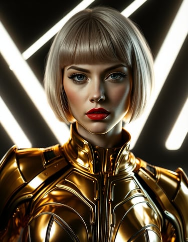 A woman in a metal golden suit