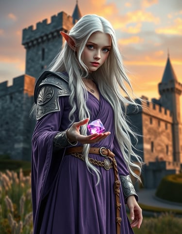 A elf woman standing in front of a Castle