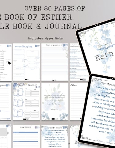 Esther's book of bible journal, with a tablet and a tablet