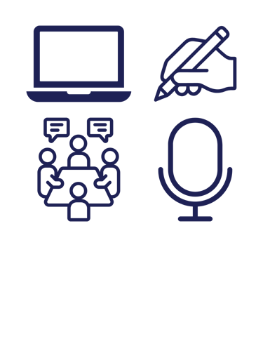 a collection of four icons: a microphone, a hand holding a pencil, a laptop, and a group of people