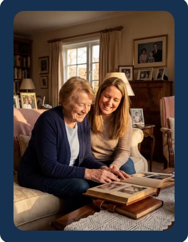 Madre protectora con su hija buscando certeza jurídica para su patrimonio familiar