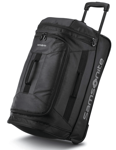 a black suitcase with a rolling bag on wheels