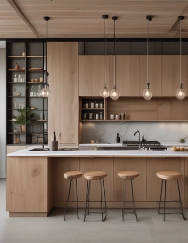 a kitchen with a wooden counter top and a bar stool