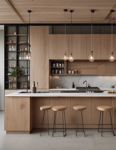 a kitchen with a wooden counter top and a bar stool
