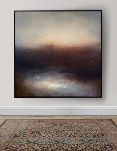 A large abstract landscape painting by British contemporary artist Kerr Ashmore. the artwork is framed on the wall