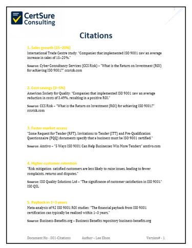 Preview of citations document listing ISO 9001 cost-benefit sources