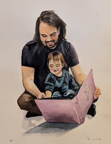 Papa en baby zitten samen een boek te lezen en lachen, waterverf portret als geschenk.