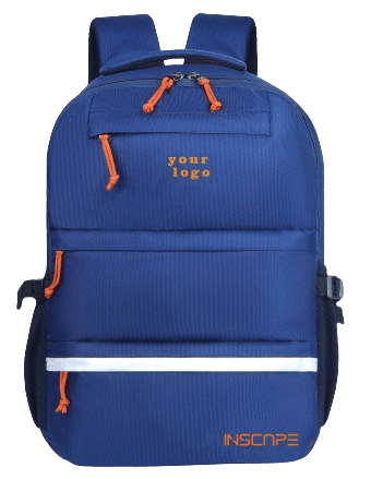 navy blue color school bags with white color design and orange zipper ties